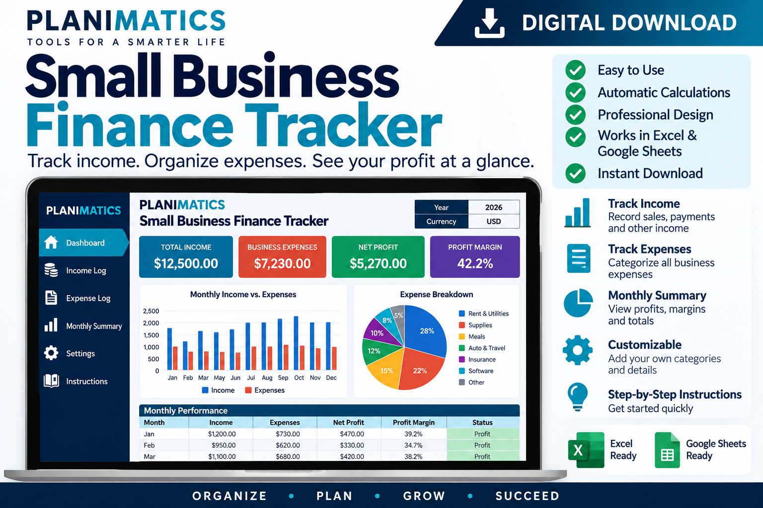 Planimatics Small Business Finance Tracker dashboard preview